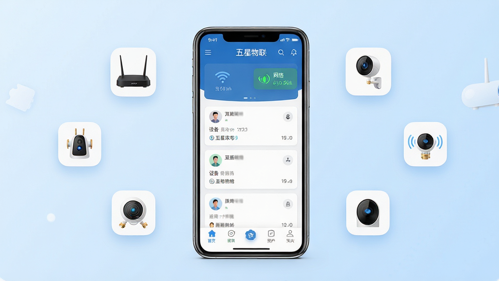 五星物联软件主界面预览图,画面中央展示一部智能手机,手机屏幕上显示五星物联应用的主页,包含设备列表卡片、网络状态指示图标和底部的功能导航栏,背景为简洁的浅蓝色渐变,周围漂浮着若干智能设备的小图标如路由器、摄像头、传感器等,整体风格清爽现代,布局居中对称,排版干净有序,画质高清,细节清晰,无多余元素