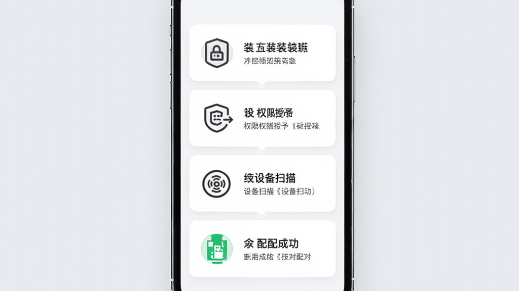 五星物联新手操作引导图,画面展示一部手机竖屏界面,屏幕上以步骤卡片形式呈现安装、权限授予、设备扫描、配对成功的四个环节,每个步骤配有简洁图标和文字说明,背景为柔和浅灰色,风格清新简洁,排版从上到下依次排列,画质清晰,干净无多余元素