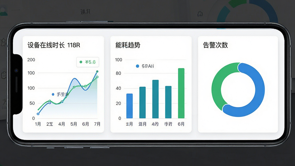 五星物联数据统计面板截图,画面展示手机屏幕上的数据图表界面,包含折线图、柱状图和环形图,分别表示设备在线时长、能耗趋势和告警次数,配色以蓝色和绿色为主,背景为白色卡片式布局,风格简约商务,排版规整,细节清晰,画质高清,无多余装饰元素