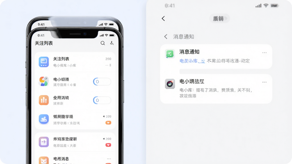 电小库应用功能展示图,画面主体为手机屏幕中展示关注列表和消息通知界面,布局为左右分屏展示不同功能页面。风格为简洁明快的UI设计风格,细节上图标精致,色彩柔和。画质高清,干净,无多余元素。