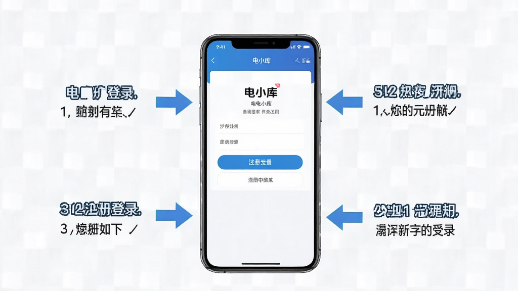 电小库新手操作指引图,画面主体为手机屏幕显示电小库注册登录界面,布局为手机居中展示,周围有箭头和文字标注提示操作步骤。风格为教程示意图风格,细节上界面清晰,标注明确。画质高清,干净,无多余元素。