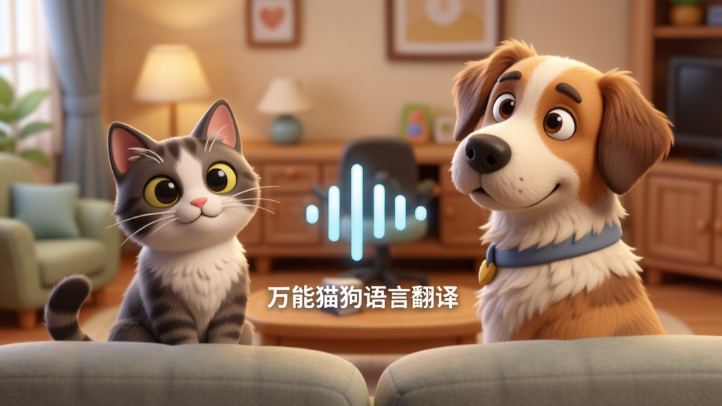 一只猫咪和一只狗狗并排坐在沙发上,同时转头看向前方,画面中央悬浮着一个发光的声波图标,声波图标下方显示