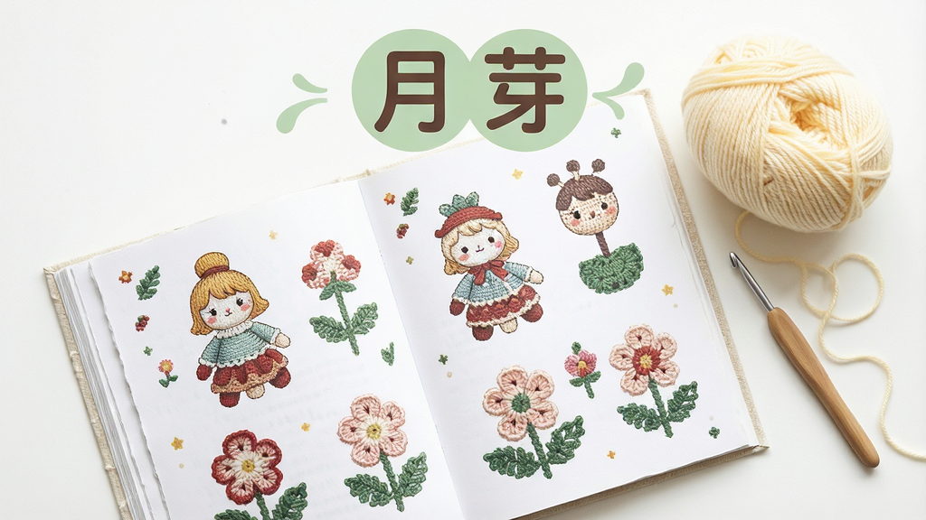 画面主体为一本翻开的精美钩织图解书,书页上绘制着可爱的毛线玩偶和花朵图案,旁边放着一团柔和的浅黄色毛线和一根钩针。布局采用俯视平铺构图,排版错落有致。风格为清新治愈系,细节上强调毛线的纹理和书页的质感。画质高清,光线明亮柔和,干净简洁,无多余元素,画面中央上方用圆润的字体写着“月芽”。