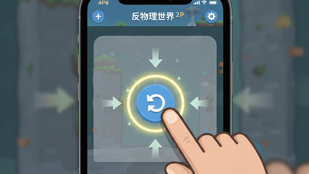 反物理世界新手操作指引界面,画面主体为手机屏幕展示反物理世界APP内的新手引导页面,屏幕中有一个卡通手指正在点击重力翻转按钮,周围有发光的光圈提示,布局为居中特写,排版为竖屏手机界面,风格为清新扁平化UI设计,细节包括引导箭头、步骤数字标签、半透明遮罩层,画质高清,干净,无多余元素