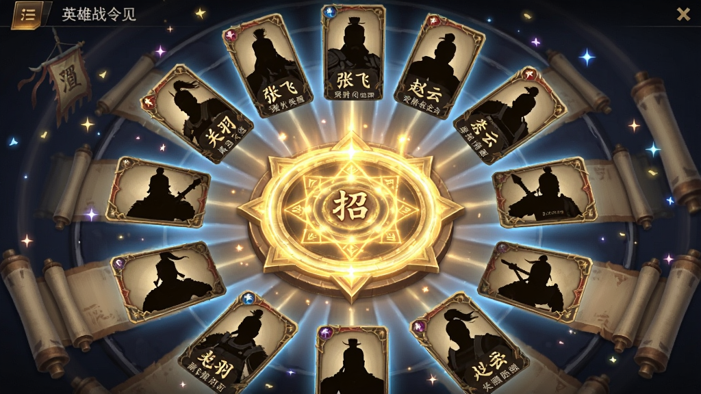 英雄战令武将招募界面展示图,画面中央是招募法阵散发金色光芒,周围环绕着多位三国武将的卡牌剪影,卡牌上有