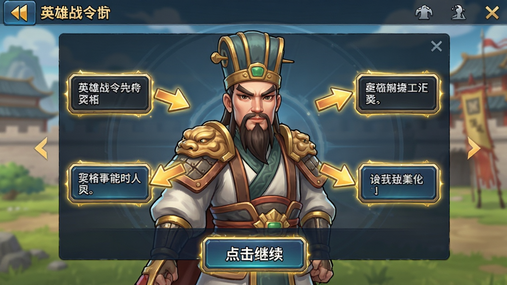 英雄战令新手引导界面截图,画面中有一位三国军师形象的角色正在向玩家展示操作指引,屏幕上有箭头指向各个功能按钮,底部有