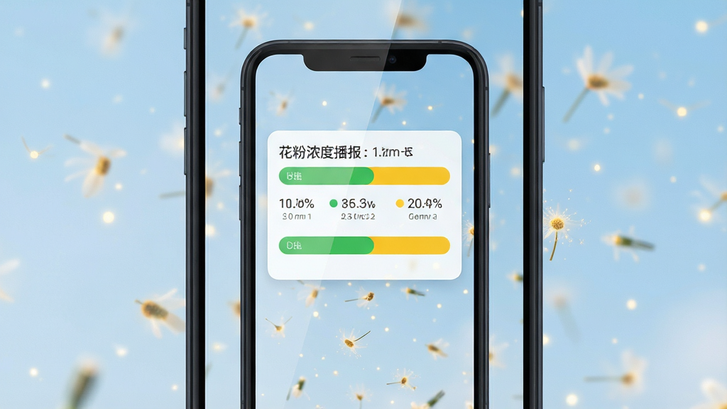 一张手机屏幕展示花粉浓度播报软件主界面的场景图,画面中央是一部竖屏智能手机,手机屏幕上清晰显示花粉浓度播报的实时数据卡片,卡片上有绿色和黄色的浓度等级标识,背景是淡蓝色天空与飘散的花粉颗粒虚化效果,布局上手机居中、四周留白,风格为清新简约的扁平化UI展示风,细节上手机边框为深空灰色、屏幕有轻微反光、花粉颗粒呈金色微光,画质为高清4K、干净、无多余元素