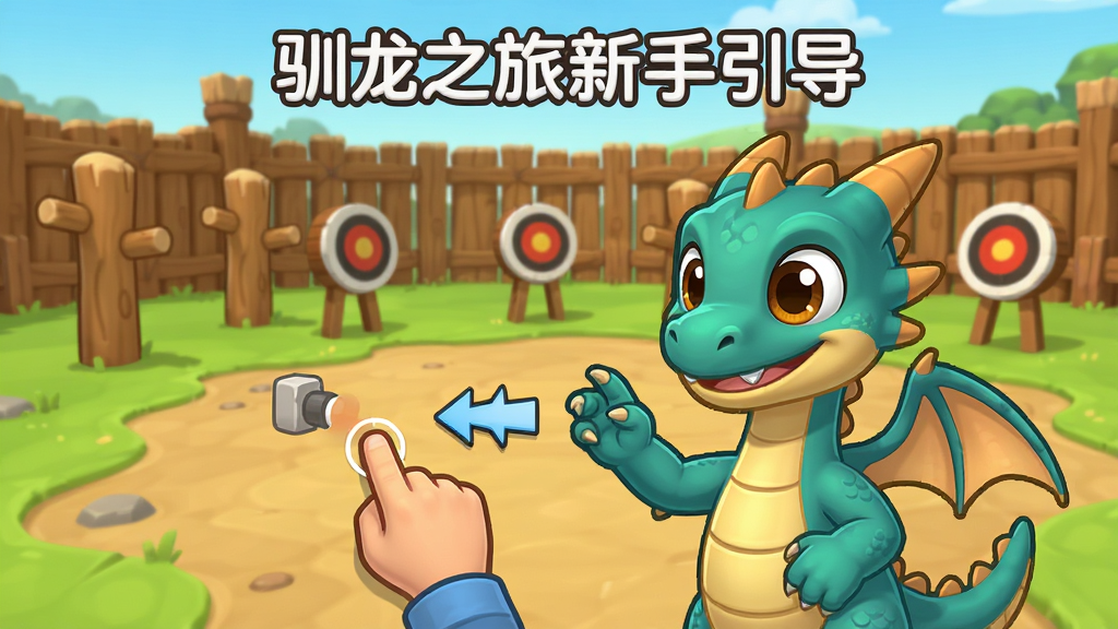 驯龙之旅新手引导界面,画面中一只幼龙正在向玩家展示操作手势,屏幕上有箭头指示点击位置,背景为训练场,周围有木桩与靶子,整体风格卡通教学风,布局简洁明了,画质高清,干净无多余元素