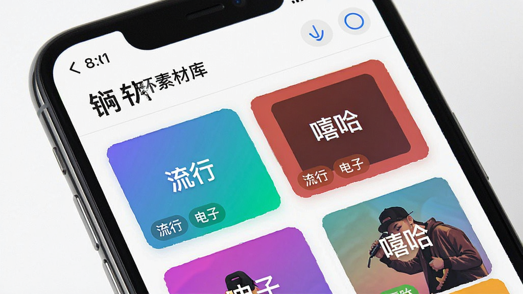 一幅展示“榔头”软件循环素材库界面的图片,手机屏幕上排列着多个彩色素材卡片,卡片上标注着“流行”“电子”“嘻哈”等标签,背景为白色,风格为应用商店截图风格,细节清晰,画质干净,无多余元素