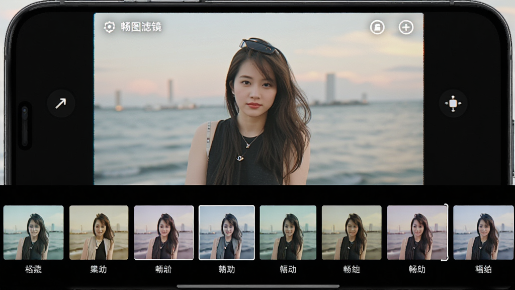 一张展示畅图滤镜选择界面的图片,手机屏幕上方是预览图,下方是横向排列的滤镜缩略图,每个缩略图下方标注滤镜名称,整体色调丰富但排列有序,画质清晰,干净无多余元素