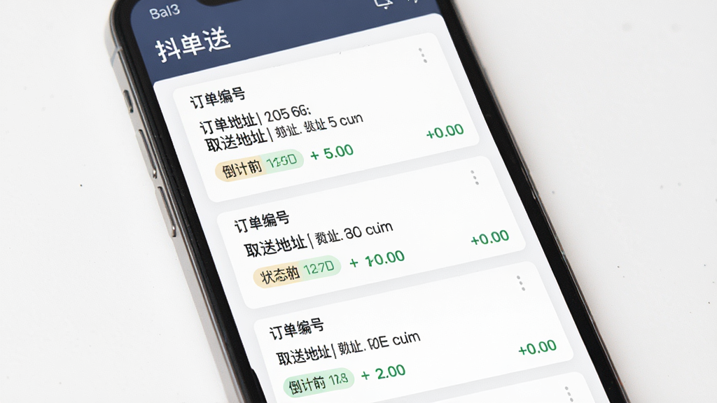 抖送调度端订单管理界面,主体为手机屏幕中的订单列表页面,布局为纵向卡片式排列,排版整齐,风格为简洁商务风,细节包含订单编号、取送地址、倒计时标签、状态颜色区分,画质清晰,干净,无多余元素
