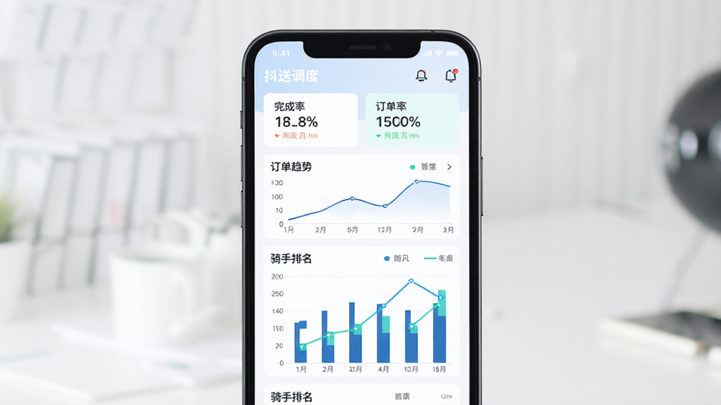 抖送调度端数据统计看板,主体为手机屏幕中的数据图表页面,布局为上方数字卡片下方柱状图与折线图,排版清晰,风格为清爽浅色商务风,细节包含完成率百分比、订单趋势曲线、骑手排名列表,画质高清,干净,无多余元素