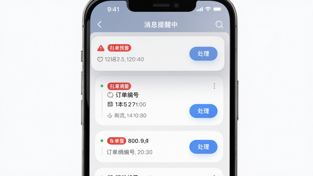 抖送调度端消息提醒界面,主体为手机屏幕中的通知中心页面,布局为纵向消息列表,排版简洁,风格为柔和圆角卡片风,细节包含红色预警标签、订单编号、时间戳、处理按钮,画质清晰,干净,无多余元素