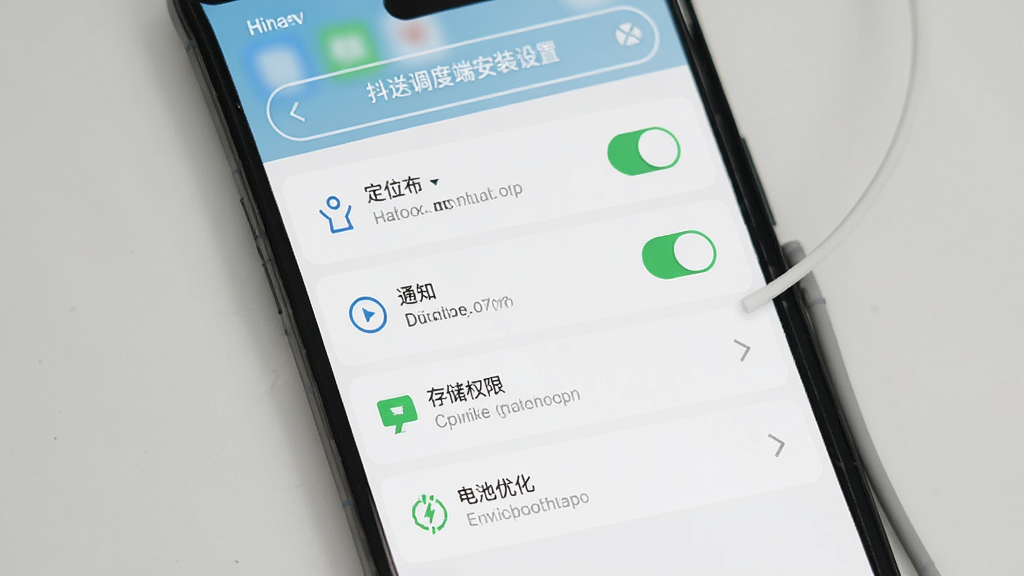 抖送调度端安装设置界面,主体为手机屏幕中的应用权限管理页面,布局为纵向权限列表,排版清晰,风格为素雅极简风,细节包含定位开关、通知开关、存储权限、电池优化选项,画质清晰,干净,无多余元素
