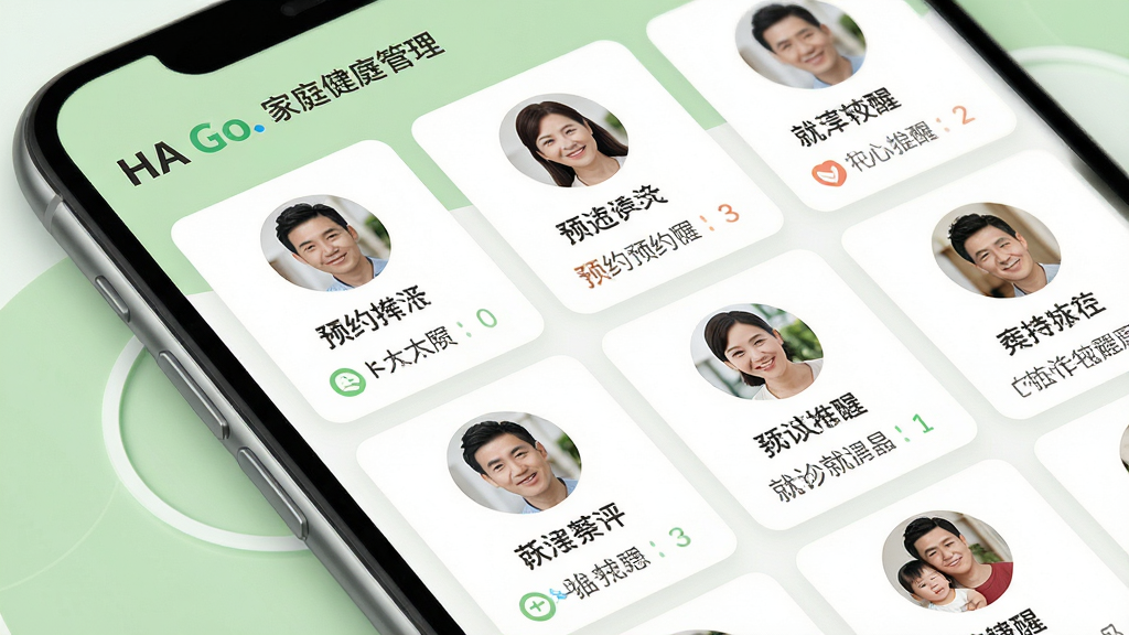 HA Go 家庭健康管理功能界面,主体为手机屏幕特写,屏幕内显示多个家庭成员的头像卡片,每张卡片下方标注预约状态和就诊提醒,布局采用卡片式排列整齐,背景为白色与浅绿色搭配,风格温馨清爽,细节上卡片内文字使用繁体中文,画质高清干净,无多余元素