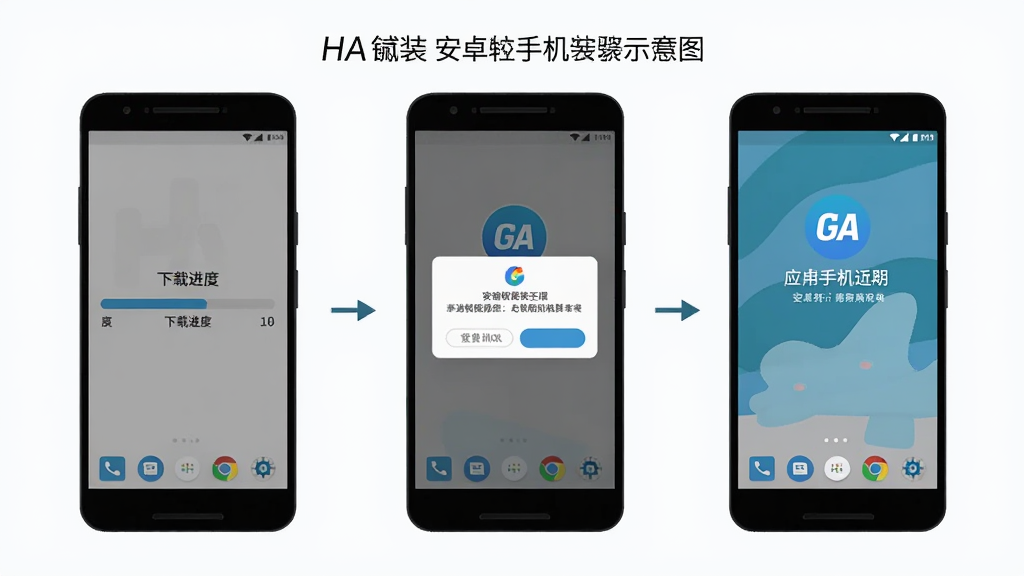 HA Go 安卓手机安装步骤示意图,主体为三部手机横向排列展示安装流程,第一部显示下载进度条,第二部显示安装权限弹窗,第三部显示应用成功打开的主界面,布局从左到右依次递进,风格扁平化科技插画风,细节上每部手机屏幕内文字使用繁体中文标注操作说明,画质高清干净,无多余元素