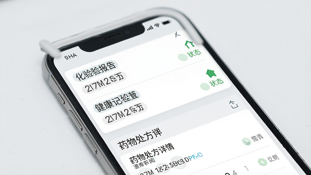 HA Go 健康记录查阅界面,主体为手机屏幕正面展示,屏幕上显示化验报告列表和药物处方详情,布局为上下滚动式列表结构,背景为浅灰色与白色搭配,风格专业医疗简洁风,细节上报告条目带有日期标签和状态标识,文字使用繁体中文,画质高清干净,无多余元素