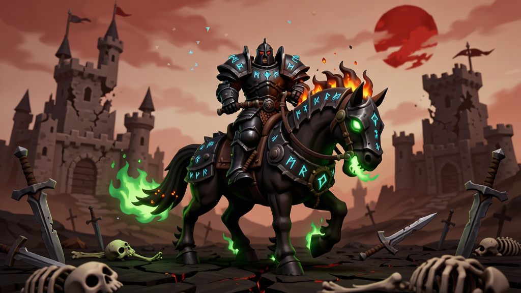 Vorvath Warlord Ride 游戏主视觉图,画面中央一位身披黑铁重甲的 warlord 骑乘着喷吐幽绿火焰的魔化战马,背景是破碎的城堡与血色残阳,前景散落着断裂的兵刃与骸骨,整体布局采用中心对称构图,风格为暗黑奇幻低模手绘,细节包含盔甲上的符文刻痕、战马鬃毛的余烬粒子、地面焦土的裂纹,画质清晰,干净,无多余元素