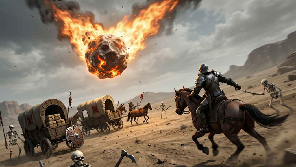 Vorvath Warlord Ride 动态战场事件场景图,画面中一颗燃烧的陨石正砸向荒原,远处一支商队被骷髅兵包围,近处玩家角色骑乘坐骑准备冲锋,布局采用斜向透视构图,风格为暗黑奇幻写实渲染,细节包含陨石拖尾火焰、商队马车上的货物、骷髅兵破碎的盾牌,画质清晰,干净,无多余元素