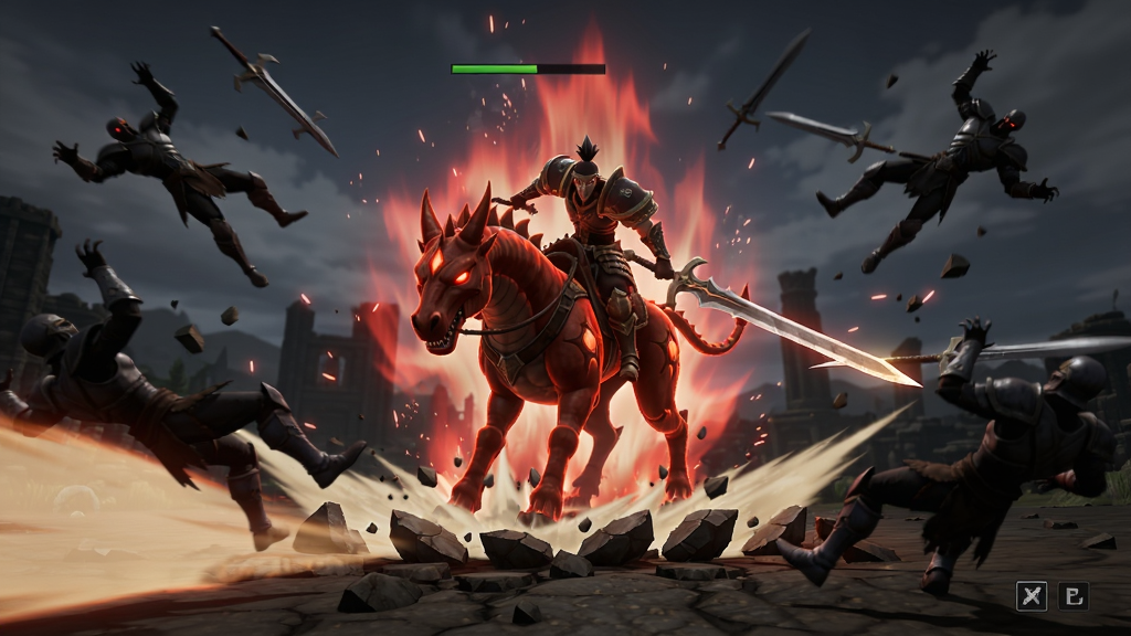 Vorvath Warlord Ride 战魂爆发连携技截图,画面中央玩家角色与坐骑被赤红色气焰包裹,正在施展地面冲击波与剑气横斩的组合技,周围敌人被震飞,布局采用中心爆发式构图,风格为暗黑奇幻特效渲染,细节包含气焰粒子、地面碎裂石块、敌人受击的慢动作残影,画质清晰,干净,无多余元素