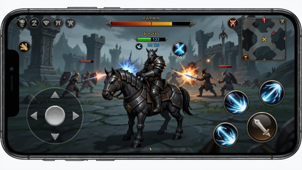 Vorvath Warlord Ride 移动端操作界面示意图,画面展示手机横屏状态下左手虚拟摇杆控制坐骑移动,右手技能按钮排列,背景为游戏战斗场景,布局采用横屏UI布局,风格为暗黑奇幻游戏界面,细节包含技能冷却倒计时、怒气槽、小地图,画质清晰,干净,无多余元素