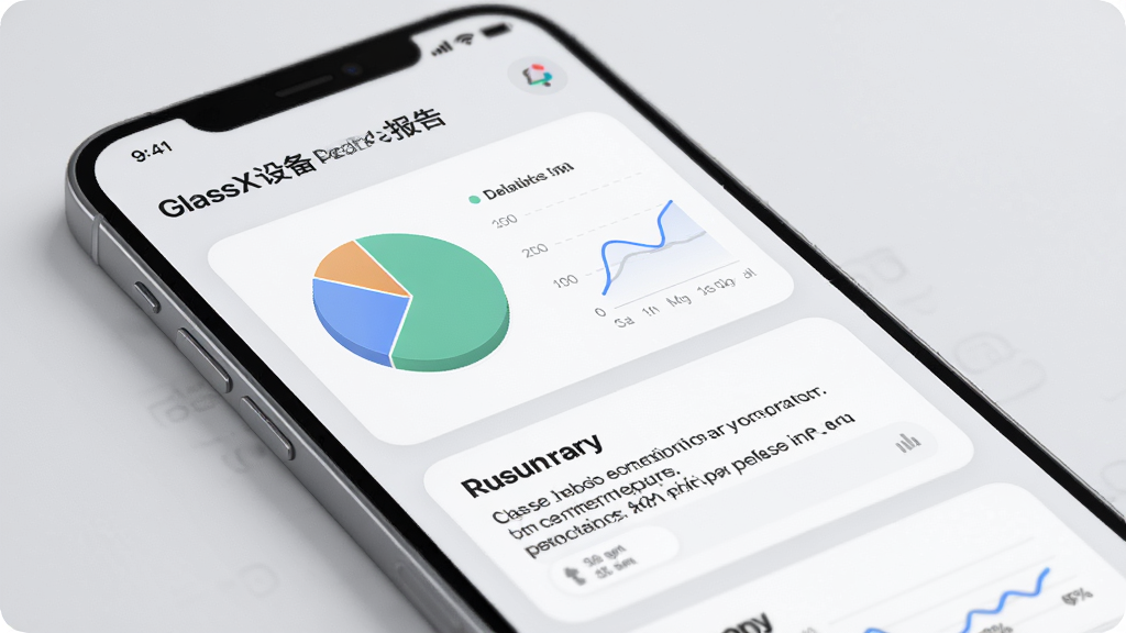 GlassX设备健康报告界面预览图,画面为手机屏幕显示一份图表报告,包含饼图、折线图和文字摘要,界面风格为圆角卡片设计,背景为浅灰色,整体干净整洁,画质细腻