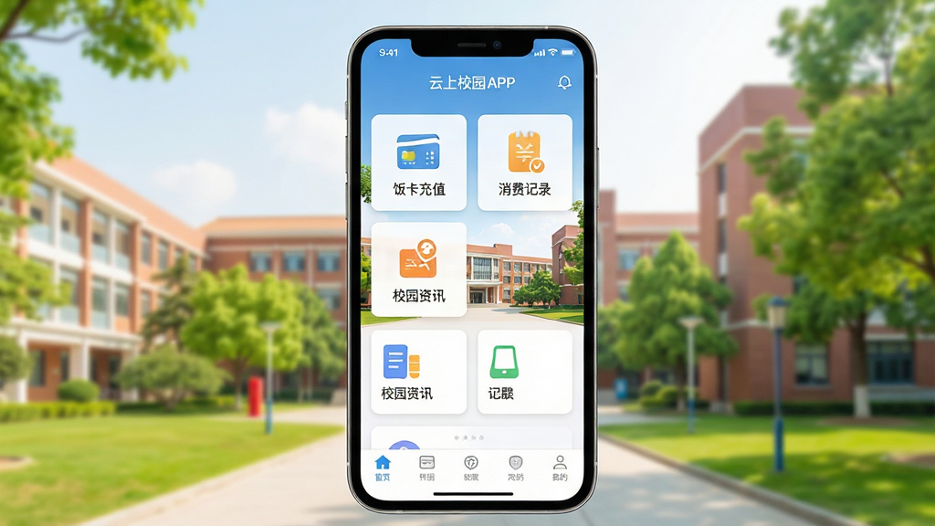 一张展示智能手机屏幕的图片,屏幕中显示云上校园APP的主界面,界面包含饭卡充值、消费记录、校园资讯等图标模块,背景为明亮的校园教学楼与绿树,整体布局清晰整洁,风格为现代扁平化UI设计,细节包括状态栏、底部导航栏和功能卡片,画质高清,画面干净,无多余元素