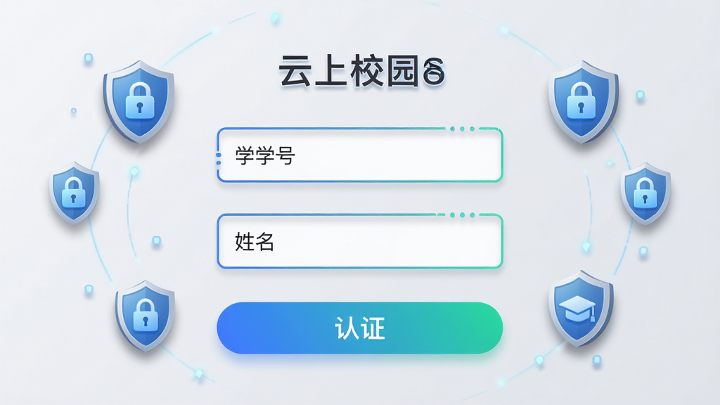 云上校园APP实名认证页面截图风格图片,画面中央展示认证表单,包含学号输入框、姓名输入框和认证按钮,周围环绕盾牌与锁形安全图标,背景为浅灰色,风格为安全科技感,布局居中对称,细节包括输入框边框、按钮渐变和图标阴影,画质清晰,画面整洁无多余元素