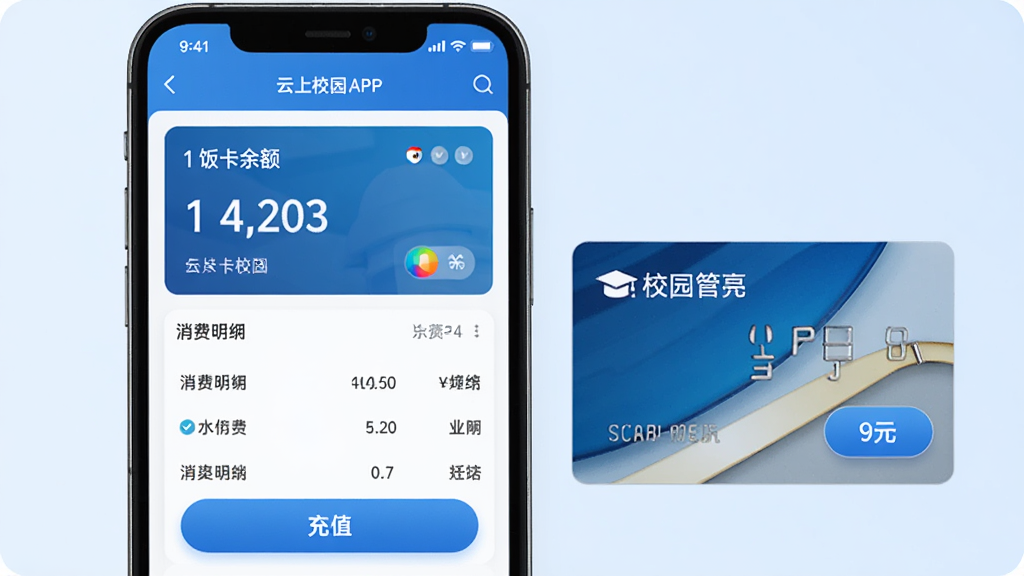 一部手机展示云上校园APP的一卡通管理页面,页面中清晰显示饭卡余额数字、消费明细列表和充值按钮,旁边放置一张校园一卡通实体卡作为对比,背景为淡蓝色渐变,风格简洁商务,布局为上下结构,细节包括图标、数字字体和按钮质感,画质高清,干净无杂乱元素