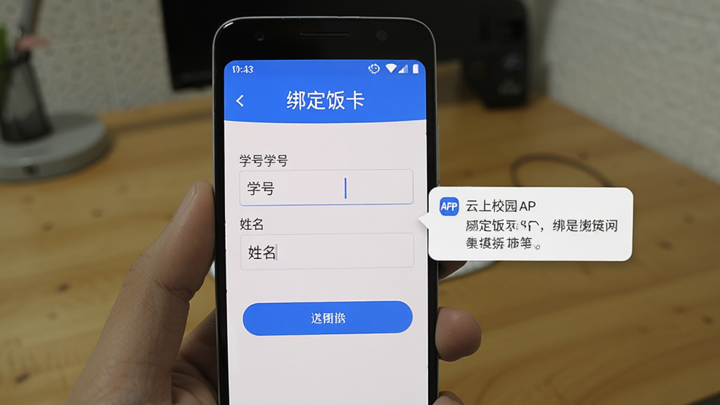 一部安卓手机展示云上校园APP的绑定饭卡页面,页面中显示学号输入框和姓名输入框,旁边有提示信息弹出框,背景为室内桌面环境,风格为写实手机截图风格,布局为竖屏展示,细节包括输入框光标、按钮颜色和提示文字,画质高清,画面干净无多余元素