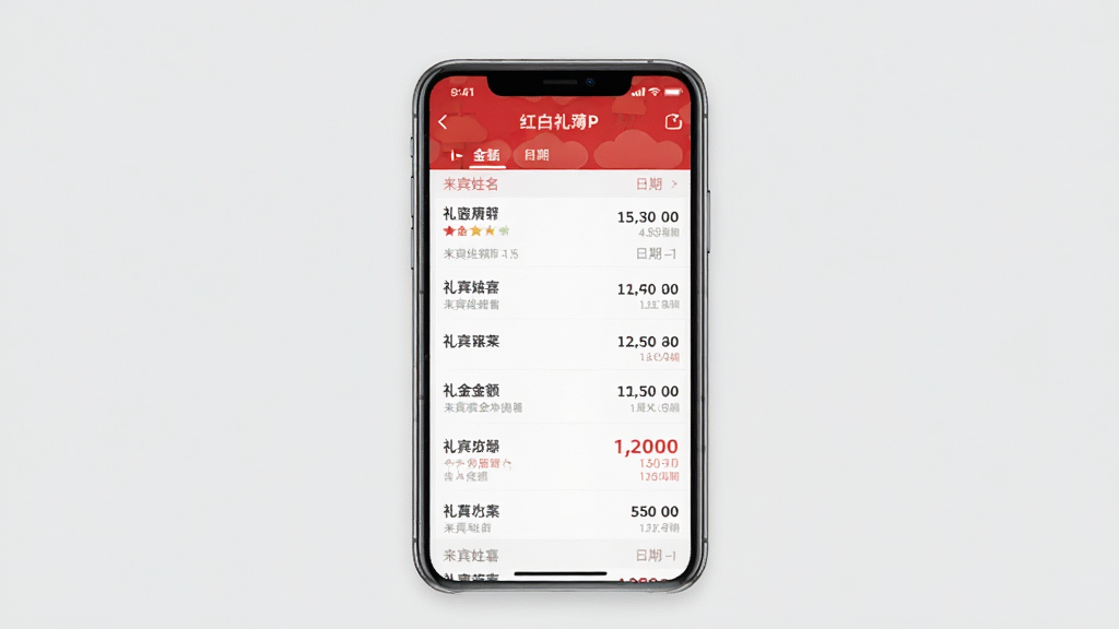 一张展示红白礼薄手机应用主界面的预览图,画面中央是一部竖屏智能手机,屏幕上显示红白礼薄APP的礼金记账列表页面,列表包含来宾姓名、礼金金额、日期等条目,界面配色以红色和白色为主,风格喜庆简洁,背景为干净的浅灰色,画质清晰,无多余元素
