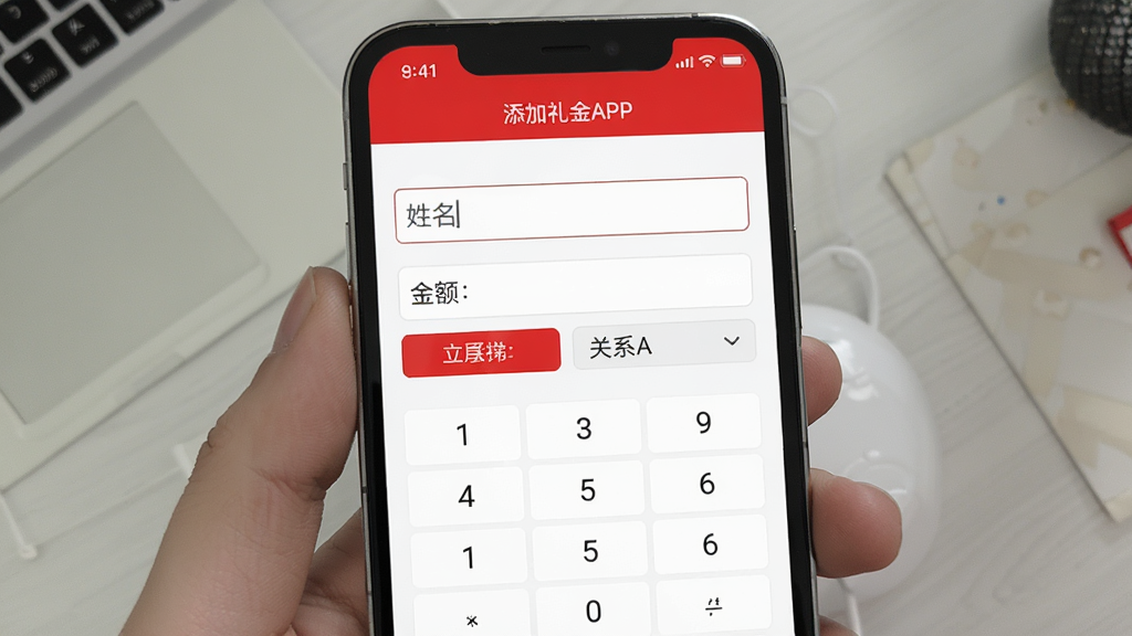红白礼薄APP礼金录入界面截图,手机屏幕显示添加礼金表单,包含姓名输入框、金额数字键盘、关系选择标签,界面以红色为主色调,白色背景,布局清晰,画质干净,无多余装饰