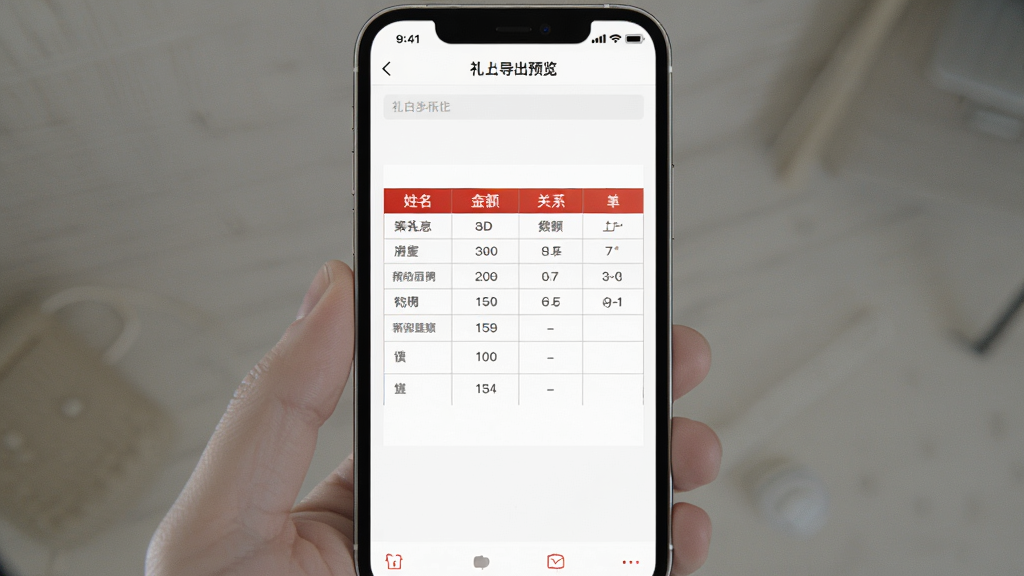 红白礼薄APP礼单导出预览界面,手机屏幕显示导出的表格图片,表格包含姓名、金额、关系等列,排版整齐,背景为白色,画质清晰,界面干净无多余元素