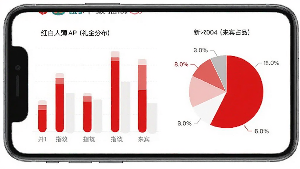 红白礼薄APP数据统计页面,手机屏幕显示柱状图和饼图,展示礼金收入分布和来宾关系占比,图表配色红白相间,界面简洁专业,画质清晰,无杂乱元素
