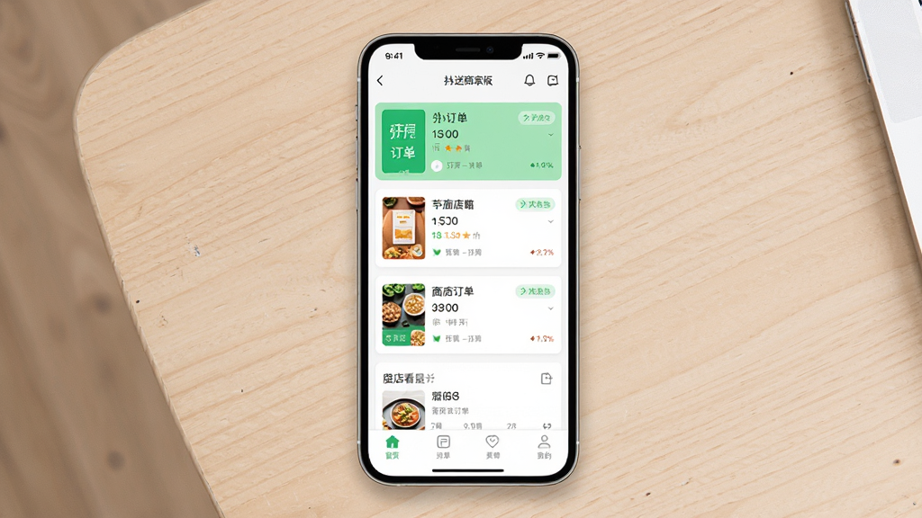 抖送商家版手机应用主界面展示,主体为一部竖屏智能手机,屏幕内呈现外卖订单列表与店铺数据看板,布局为手机居中放置于浅色桌面背景上,排版简洁清晰,风格为现代扁平化UI设计,细节包括订单卡片、状态标签、底部导航栏图标,画质高清,干净,无多余元素