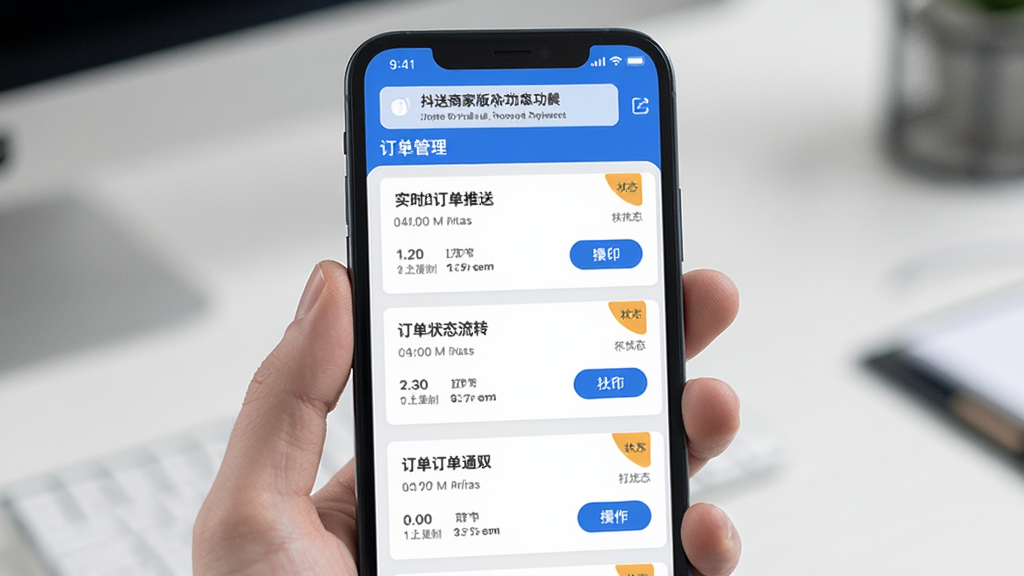 抖送商家版订单管理功能界面,主体为手机屏幕展示实时订单推送通知与订单状态流转列表,布局为多张订单卡片纵向排列,顶部有消息提醒横幅,排版层次分明,风格为清爽商务风,细节包含时间戳、状态角标、操作按钮,画质清晰,干净,无多余元素