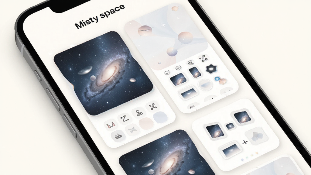 手机屏幕展示 Misty space 主题商店界面,画面中手机显示多个主题卡片竖向排列,每个卡片包含壁纸预览、图标样式和组件示例,卡片上方有“Misty space”标题,布局为竖屏列表排版,风格清新柔和,细节上卡片带有圆角和轻投影,背景为米白色,画质高清,干净,无多余元素
