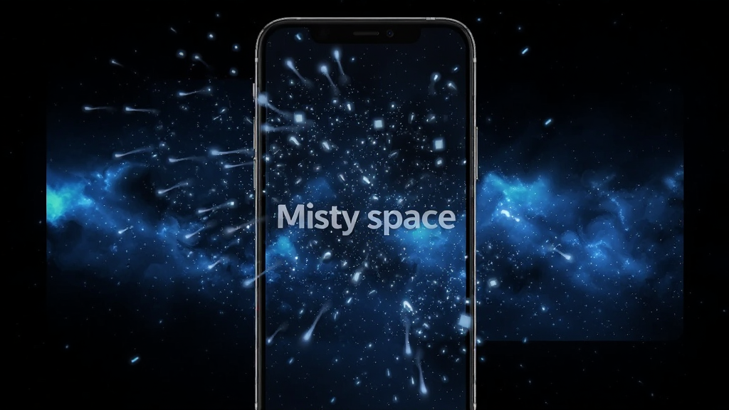一部手机展示 Misty space 动态粒子效果,画面中手机屏幕显示深蓝色星空壁纸,表面有大量细小发光粒子缓慢漂浮,屏幕中央有“Misty space”半透明文字,布局为竖屏全屏展示,风格梦幻科技,细节上粒子带有拖尾光效,背景为纯黑,画质高清,干净,无多余元素