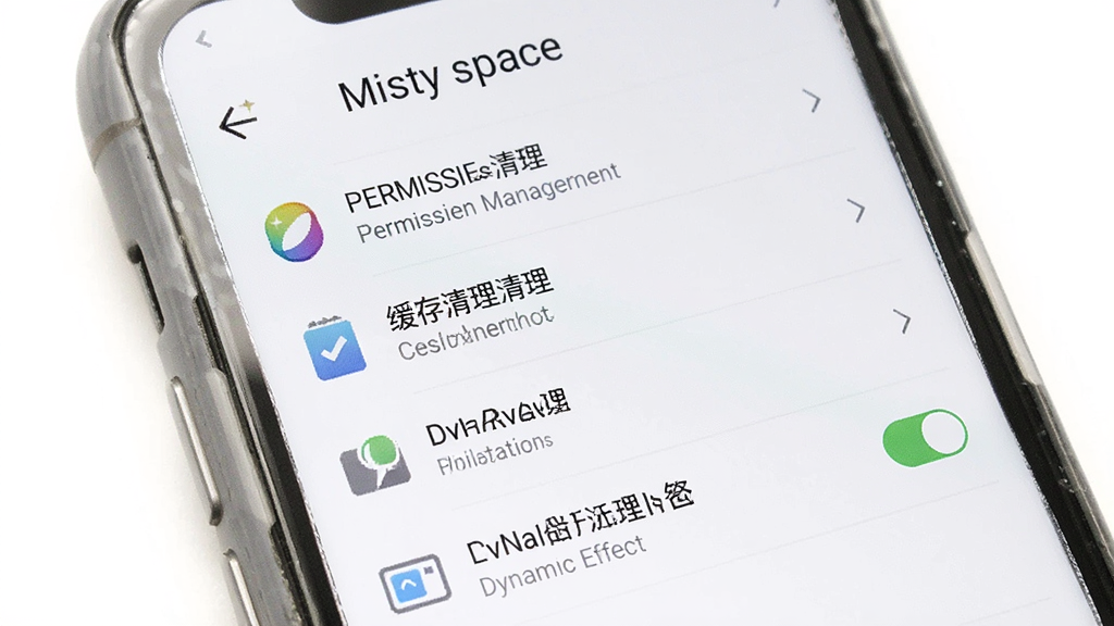 一部手机展示 Misty space 设置界面,画面中手机屏幕显示权限管理、缓存清理、动态效果开关等选项列表,界面顶部有“Misty space”文字,布局为竖屏列表排版,风格简洁实用,细节上选项带有图标和副标题,背景为白色,画质高清,干净,无多余元素