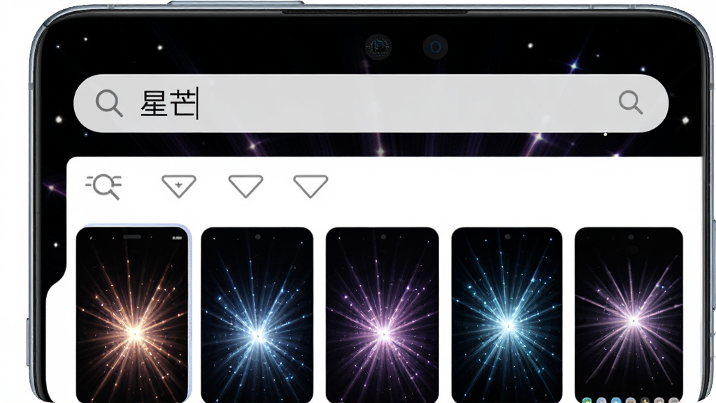 一部手机展示星芒壁纸的搜索界面,搜索框内显示“星芒”关键词,下方展示相关壁纸结果,主体为搜索功能展示,布局为上下结构,排版直观,风格为简洁明快,细节包含搜索图标、筛选按钮、结果预览图,画质高清,干净,无多余元素