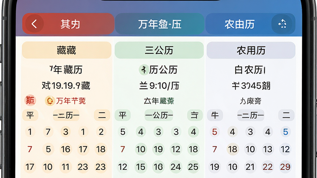 万年藏历三历对照功能展示图,主体为手机屏幕特写,屏幕上清晰展示藏历、公历、农历三列日期并排对照,布局为上下结构,上方为月份导航栏下方为日期网格,风格为清爽简约风,细节包含不同颜色区分三历、节日高亮标记,画质高清,干净,无多余元素