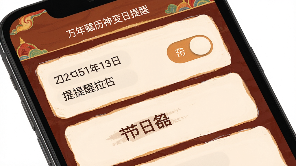 万年藏历神变日提醒功能界面,主体为手机屏幕展示提醒设置页面,布局为卡片式列表排版,风格为暖色调藏式风格,细节包含日期标注、提醒开关按钮、节日名称文字,画质高清,干净,无多余元素