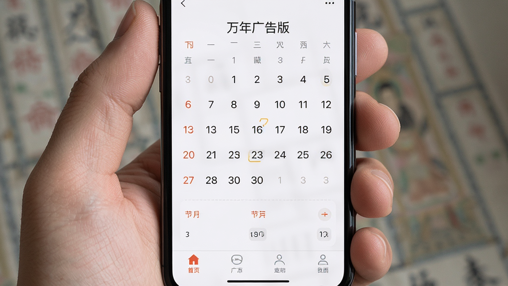 万年藏历去广告版界面展示,主体为手机屏幕特写,屏幕显示干净整洁的日历界面无任何广告横幅,布局为居中展示,风格为极简清新风,细节包含日历数字、节日标注、底部导航栏,画质高清,干净,无多余元素