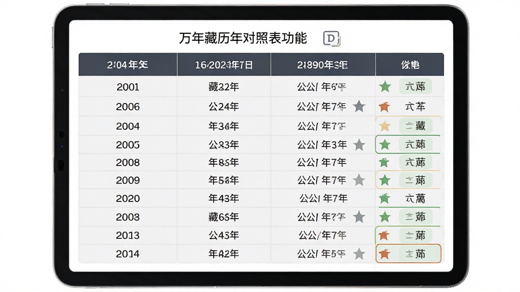 万年藏历年份对照表功能展示,主体为平板电脑或手机横屏展示年份对照表格,布局为左侧年份列表右侧详细数据,风格为商务简约风,细节包含藏历年份数字、对应公历年份、五行生肖标注,画质高清,干净,无多余元素