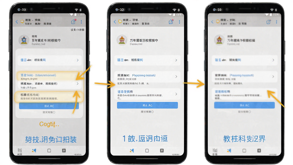 万年藏历安卓手机安装步骤示意图,主体为手机屏幕展示安装权限设置页面,布局为分步截图排列,风格为教程指引风,细节包含设置选项高亮、箭头指示、文字说明,画质高清,干净,无多余元素
