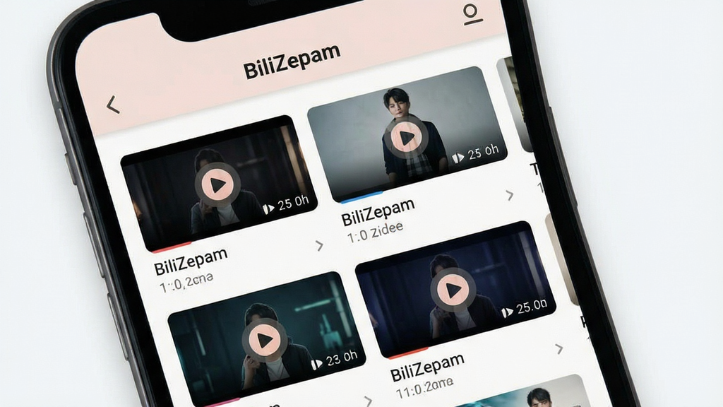 BiliZepam无广告浏览界面示意图,主体为手机屏幕展示BiliZepam视频列表页面,布局为顶部导航栏加下方整洁的视频封面网格,排版疏朗有序,风格为极简清新风格,细节包括无任何广告横幅、视频卡片带有播放量标注、浅色背景配深色文字,画质高清干净无多余元素
