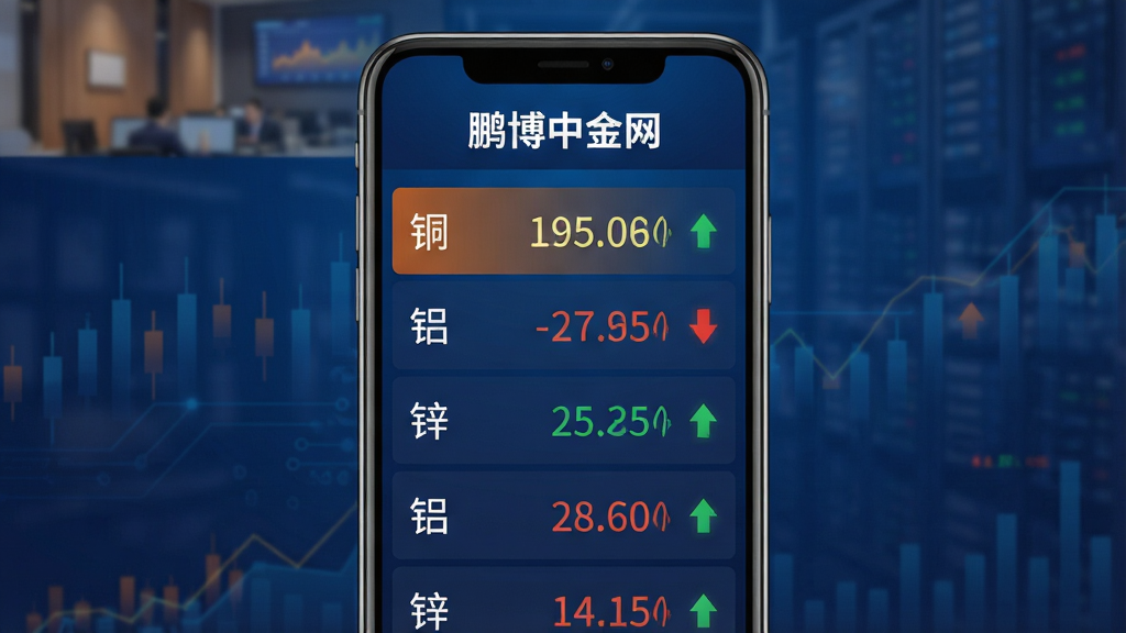 一张展示鹏博中金网软件界面的手机屏幕效果图,画面中央是一部竖屏智能手机,屏幕上显示着金属报价列表,包含铜、铝、锌等品类的价格数字与涨跌箭头,背景为深蓝色渐变商务风格,整体布局简洁清晰,屏幕上方有“鹏博中金网”字样,风格为科技感扁平化设计,细节包含价格数字高亮、涨跌颜色区分,画质高清干净无多余元素