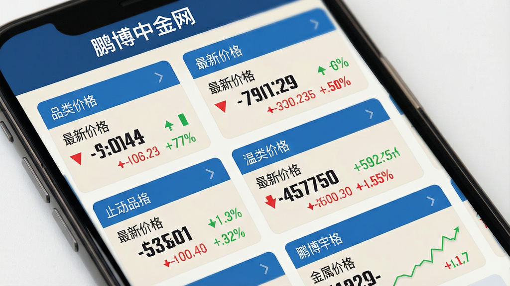 一张展示鹏博中金网实时报价功能的界面截图风格图片,画面主体为手机屏幕显示多个金属品类报价卡片,每个卡片上有品类名称、最新价格、涨跌幅度,卡片采用浅色背景搭配蓝色标题栏,布局为纵向列表排列,风格为现代商务扁平化,细节包含红绿涨跌箭头、价格数字加粗显示,画质高清干净,屏幕顶部有“鹏博中金网”文字标识