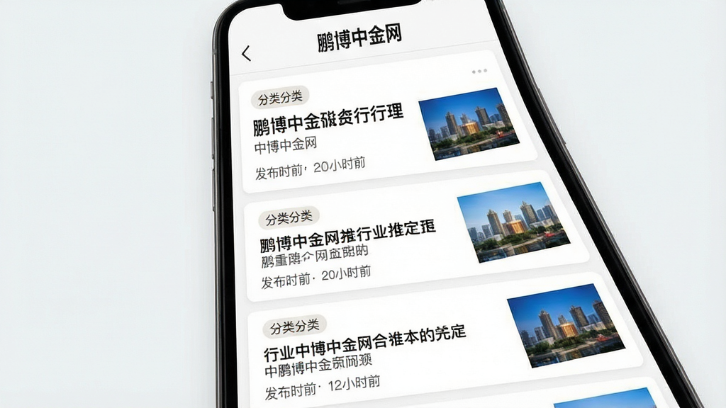 一张展示鹏博中金网行业资讯推送功能的手机界面效果图,画面为手机屏幕显示资讯列表,每条资讯包含标题、来源、发布时间和缩略图,布局为纵向卡片式排列,风格为清新简约的阅读类应用设计,细节包含资讯分类标签、时间戳、标题文字清晰,画质高清干净,屏幕顶部有“鹏博中金网”字样