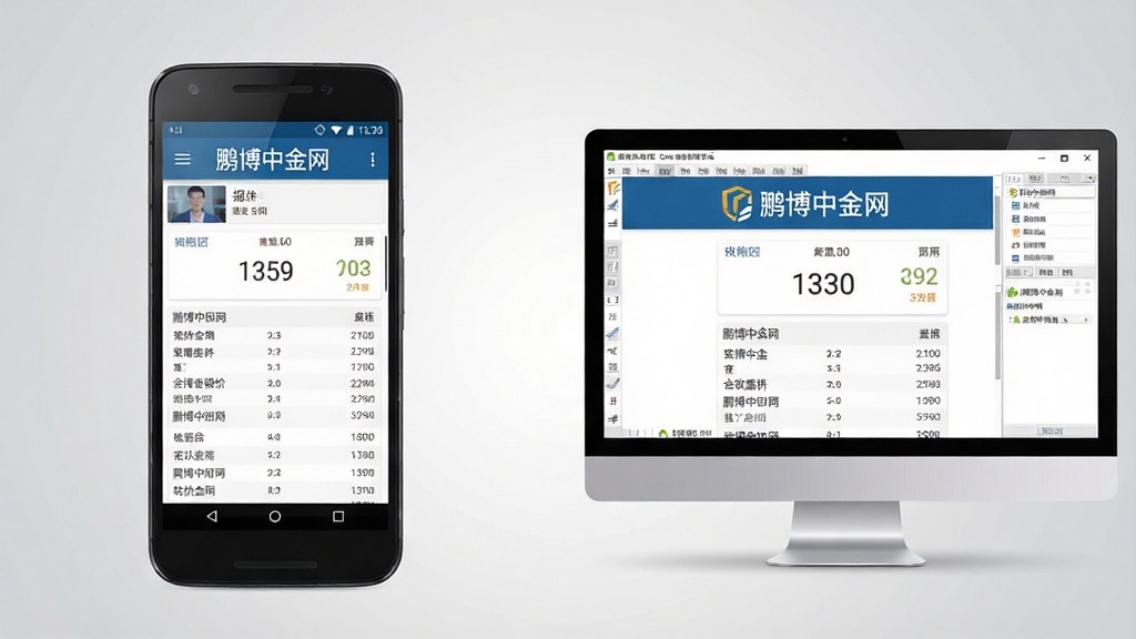 一张展示鹏博中金网在手机与电脑模拟器上同时运行的合成效果图,画面左侧为一部安卓手机显示软件报价界面,右侧为一台笔记本电脑屏幕显示安卓模拟器中的相同界面,布局为左右对比排列,风格为科技商务感,细节包含手机与电脑的清晰边框、屏幕内容一致、背景为浅灰色渐变,画质高清干净无多余元素,屏幕中可见“鹏博中金网”文字